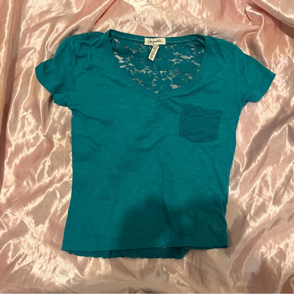 Aeropostale Women's Top Blue Lace T-Shirt